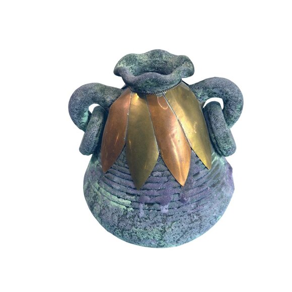 Handcrafted Southwestern Sand Pottery Vase With Copper Accents 5" Tall 7" Wide - Picture 1 of 7